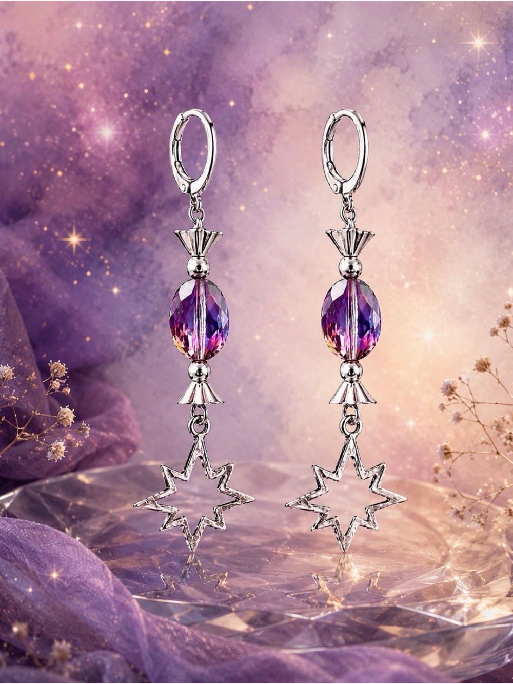 Iridescent Crystal Star Earrings, Silver Boho Dangle, Celestial
